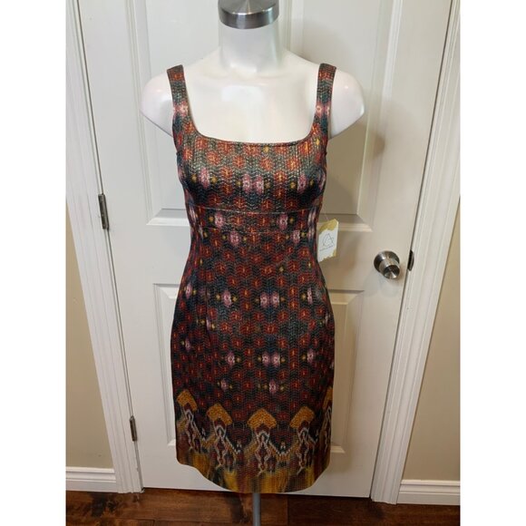 St. John Metallic Maroon, Green & Gold Geometric Pattern Sheath Dress, Size 2 - Picture 1 of 5